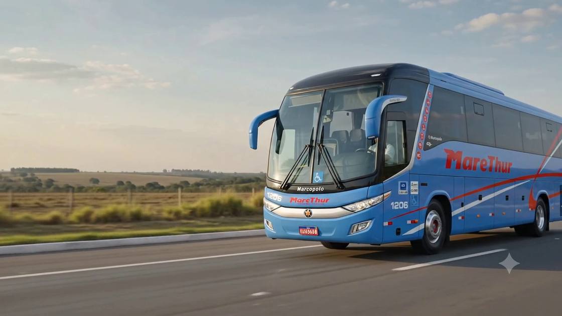 Ônibus rodoviário da Marethur em viagem por rodovia, com a marca da empresa na lateral